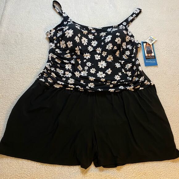 SlimSwim 3X swimsuit Black and White Vinca Floral Print Tank style with Shorts - Picture 1 of 12